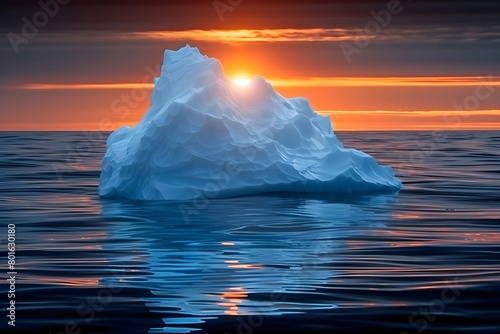 Un iceberg  vagando en el mar al atardecer. Derretimiento de los glaciales, cambio climatico photo