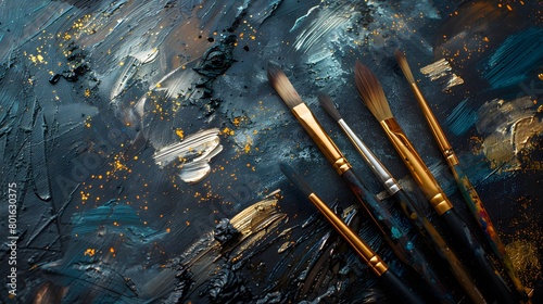 A set of brushes above a painting. photo