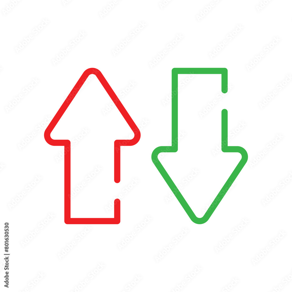 Red Up and Green down arrow icon. Two arrows with different direction can be used for input output process, forward sign, vertical swap. Vector illustration. Eps file 8. Red Up and Green down arrow icon. Two arrows with different direction can be used for input output process, forward sign, vertical swap. Vector illustration. Eps file 8.