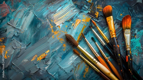 A set of brushes above a painting. photo