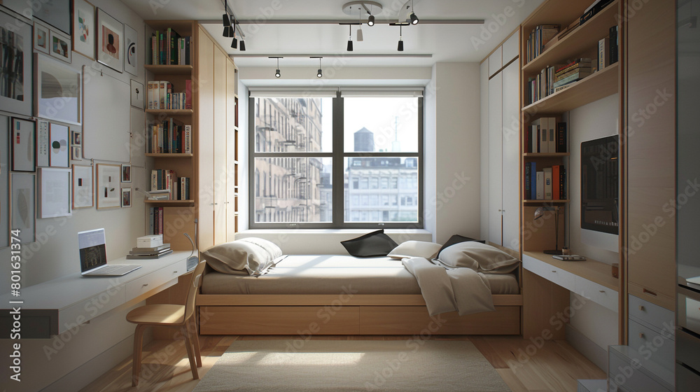 A minimalist studio apartment with a murphy bed, a desk, and a floor-to-ceiling shelf