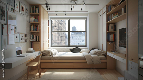 A minimalist studio apartment with a murphy bed  a desk  and a floor-to-ceiling shelf