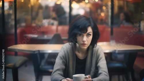 A young woman sits alone in a coffee shop, her distant gaze and contemplative expression suggesting deep thought or concern, amidst the blurred backdrop of the bustling café photo