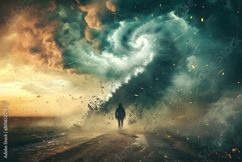 A person is walking down a road in the middle of a storm. The sky is dark and cloudy, and there are sparks flying in the air. Scene is ominous and foreboding photo