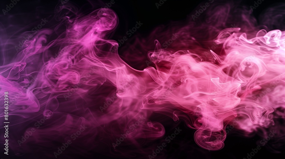 Pink smoke in the air, pink color, dark background, smoke floating and swirling like water ink in black space. Pink smoke in the air, pink color, dark background, smoke floating and swirling like water ink in black space.