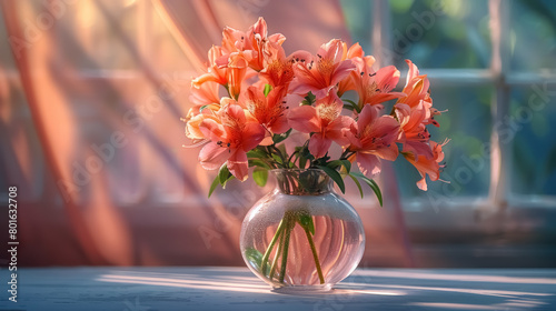 sunlit bouquet of vibrant orange flowers in a clear vase on a window sill with soft focus background photo