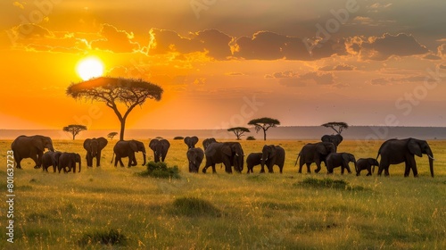 A herd of elephants roaming freely across the African savannah at sunset