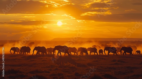 A herd of elephants roaming freely across the African savannah at sunset © Sasint