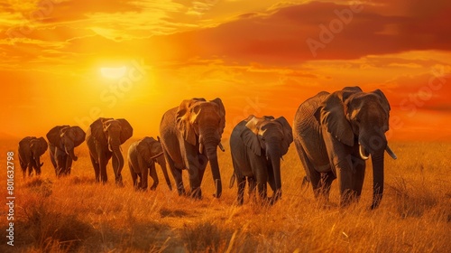 A herd of elephants roaming freely across the African savannah at sunset