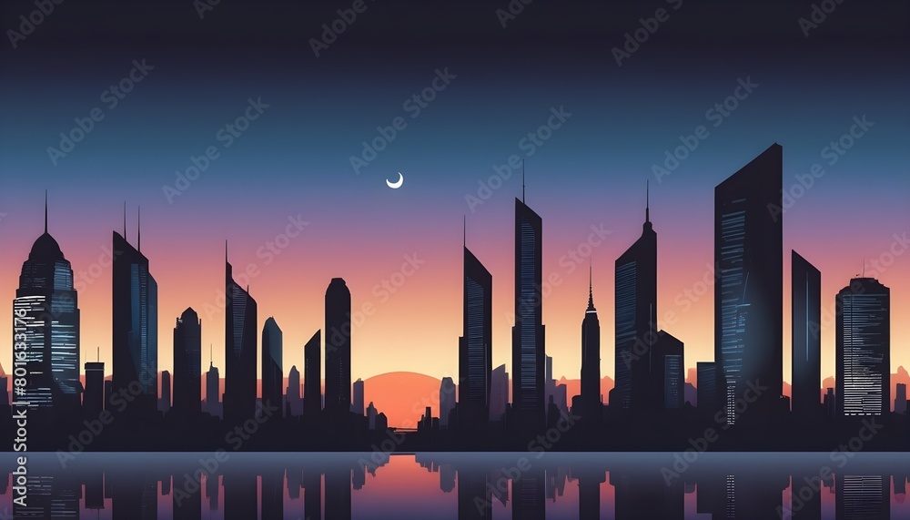 As the sun sets, urban towers shine against the evening glow, with a tranquil lake mirroring the city's beauty.
