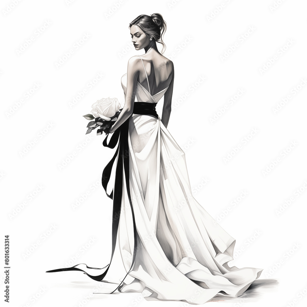Portrait of a fashionable stylish young girl in a wedding dress in black and white tones, drawing in watercolour style.
Portrait of a fashionable stylish young girl in a wedding dress in black and white tones, drawing in watercolour style.