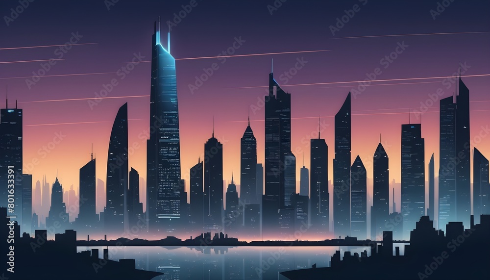 At dusk, city skyscrapers cast long shadows against the twilight sky, framed by a serene lake and vibrant landscape. At dusk, city skyscrapers cast long shadows against the twilight sky, framed by a serene lake and vibrant landscape.