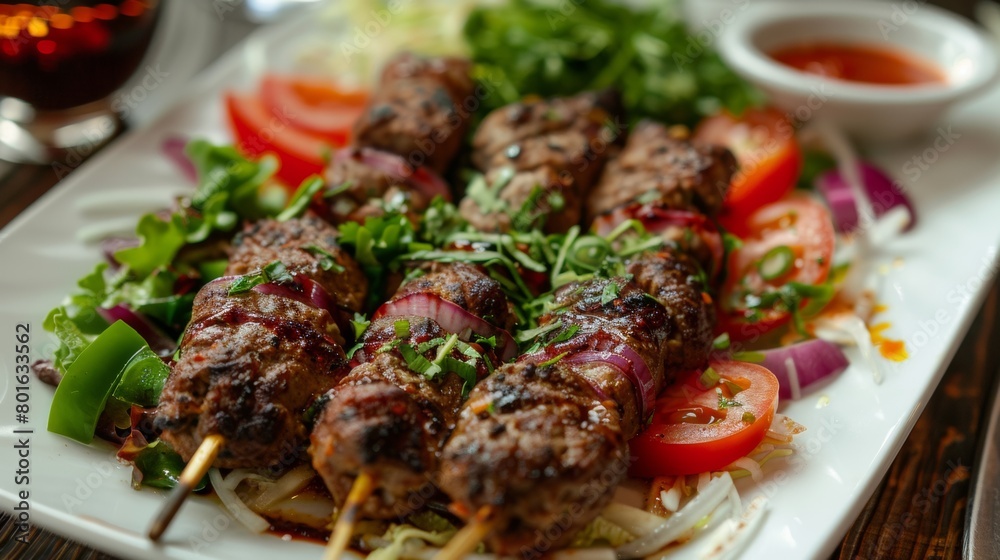 Afghan cuisine. Shish kebab in Afghan style with flatbreads. Afghan cuisine. Shish kebab in Afghan style with flatbreads.