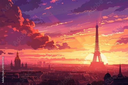 Vivid artistic illustration of Paris, France with Eiffel Tower at sunset © happy_finch