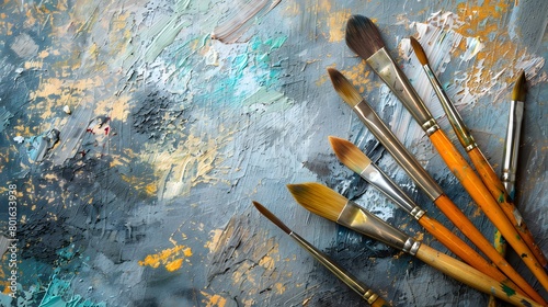 A set of brushes above a painting.