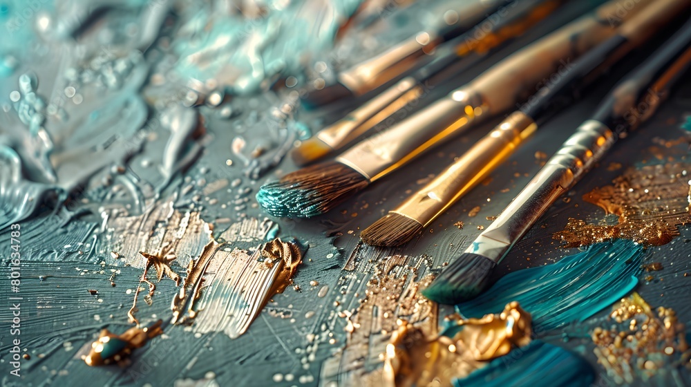 A set of brushes above a painting. A set of brushes above a painting.