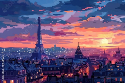 Landscape at the sunset of Paris  France - Eiffel Tower