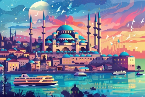 Vivid artistic illustration of Istanbul, Turkey - mosque, bosphorus photo