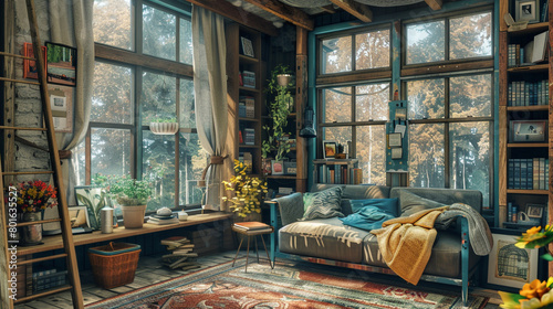 A rustic loft with a bohemian-style futon, a vintage coffee table, and a ladder leading to a cozy reading nook.