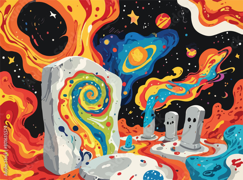 Psychedelic Art - Vibrant Swirl Background with Planetary Motif.