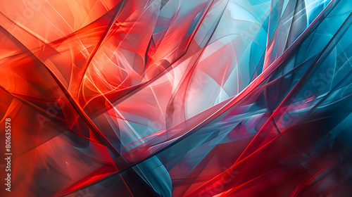 Soft, fluid lines intersect with geometric forms, blending cherry red with azure blue in a dynamic abstract image, mimicking an HD camera's output photo