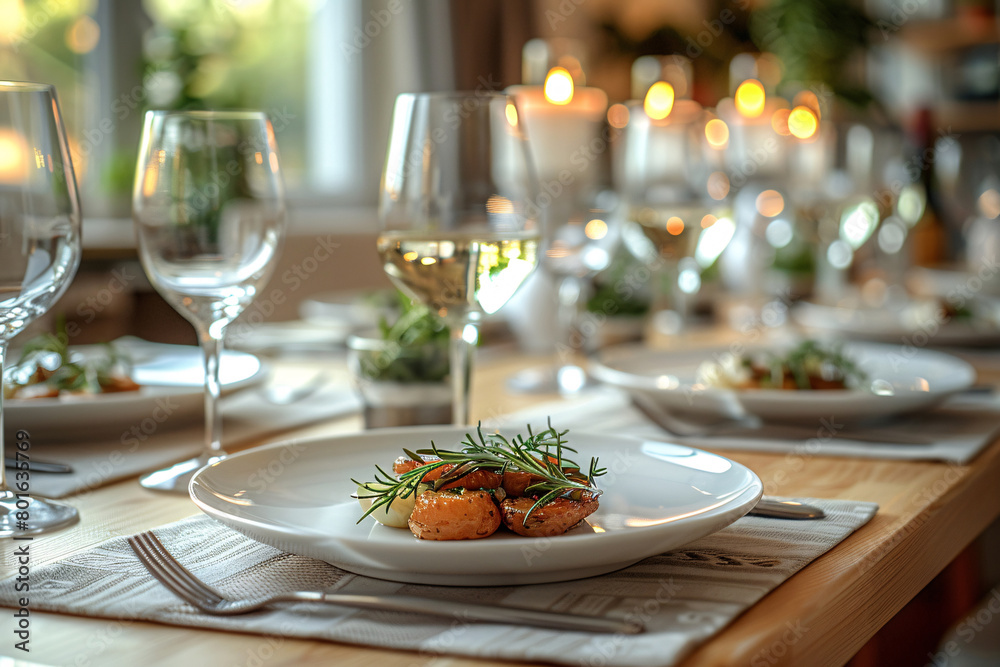 Elegant dining table setup featuring a dish of pan-seared scallops on a plate.
