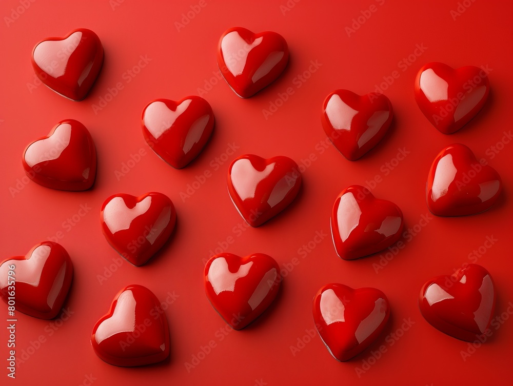 Vibrant red heart-shaped candies on a solid red background