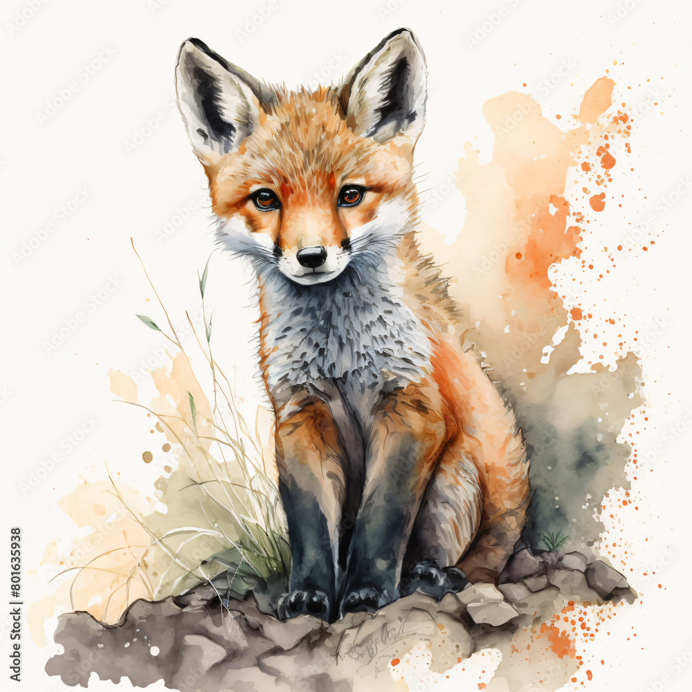 Obraz premium Watercolor Baby Fox Whimsical Forest Wildlife, baby cub,Nature,animal,Autumn,Woodland creatures,Gentle,Young,Earthy,portrait,playful,