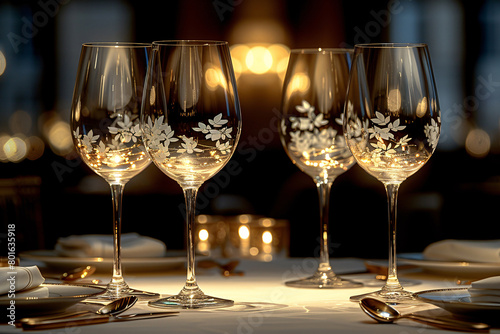 Elegant wine glasses adorned with white leaf patterns on a romantic table setting.