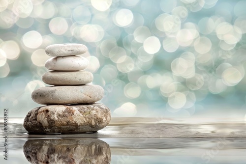 Zen-like stacked stones on water with bokeh background