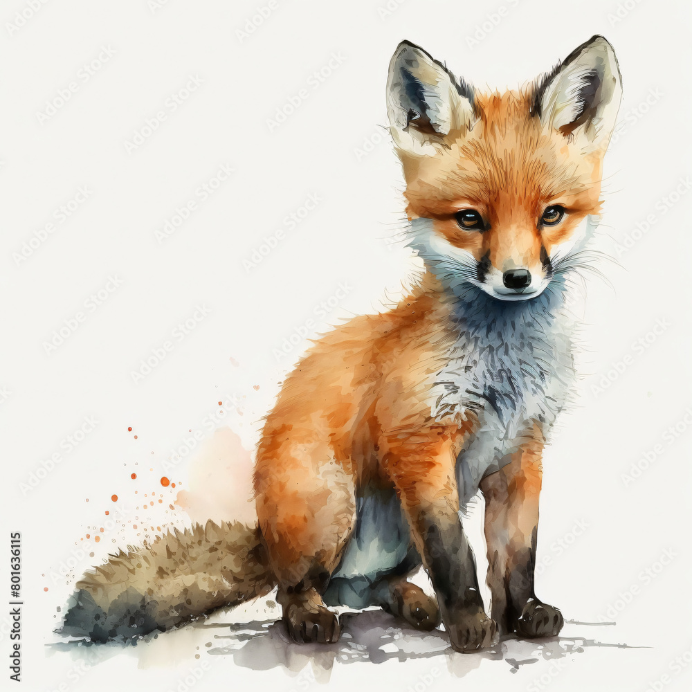 Fototapeta premium Watercolor Baby Fox Whimsical Forest Wildlife, baby cub,Nature,animal,Autumn,Woodland creatures,Gentle,Young,Earthy,portrait,playful,