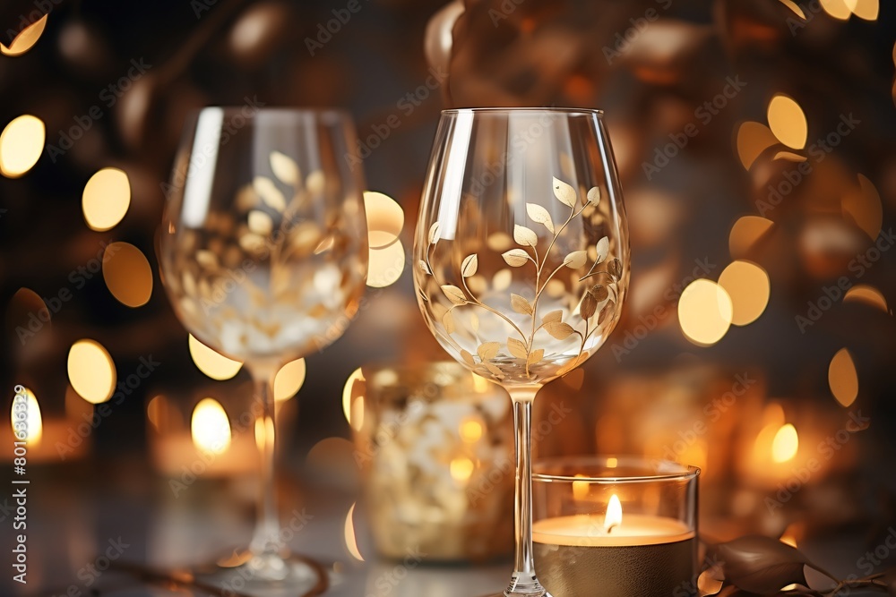 Romantic table setting featuring two glasses with delicate white leaf patterns, candlelight, and warm bokeh lights.