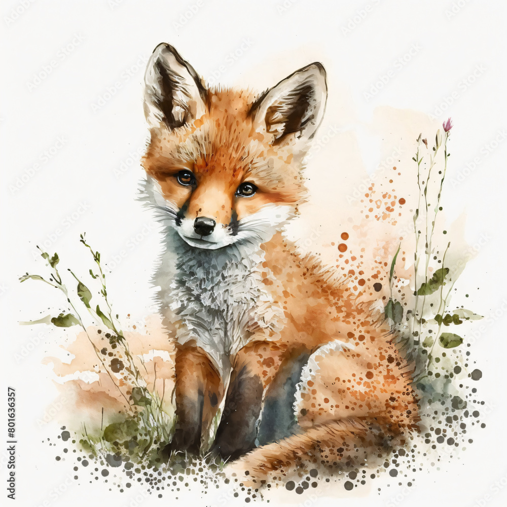 Obraz premium Watercolor Baby Fox Whimsical Forest Wildlife, baby cub,Nature,animal,Autumn,Woodland creatures,Gentle,Young,Earthy,portrait,playful,
