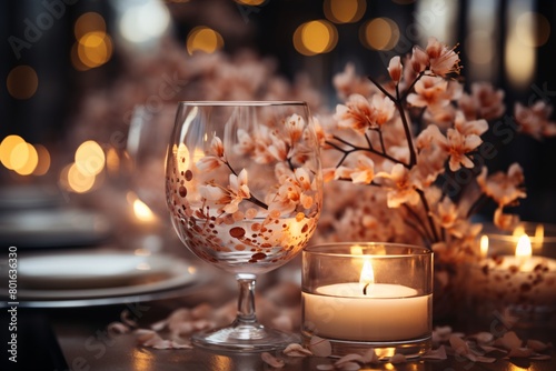 Elegant table setting featuring decoratively painted wine glasses, candlelight, and floral accents, creating a warm ambiance. © vachom