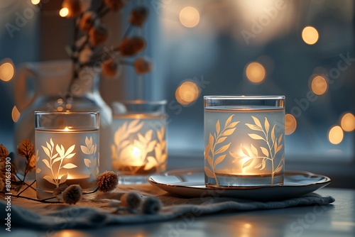 Elegant table setup with glasses adorned by white leaf motifs, dimly illuminated by soft candlelight.