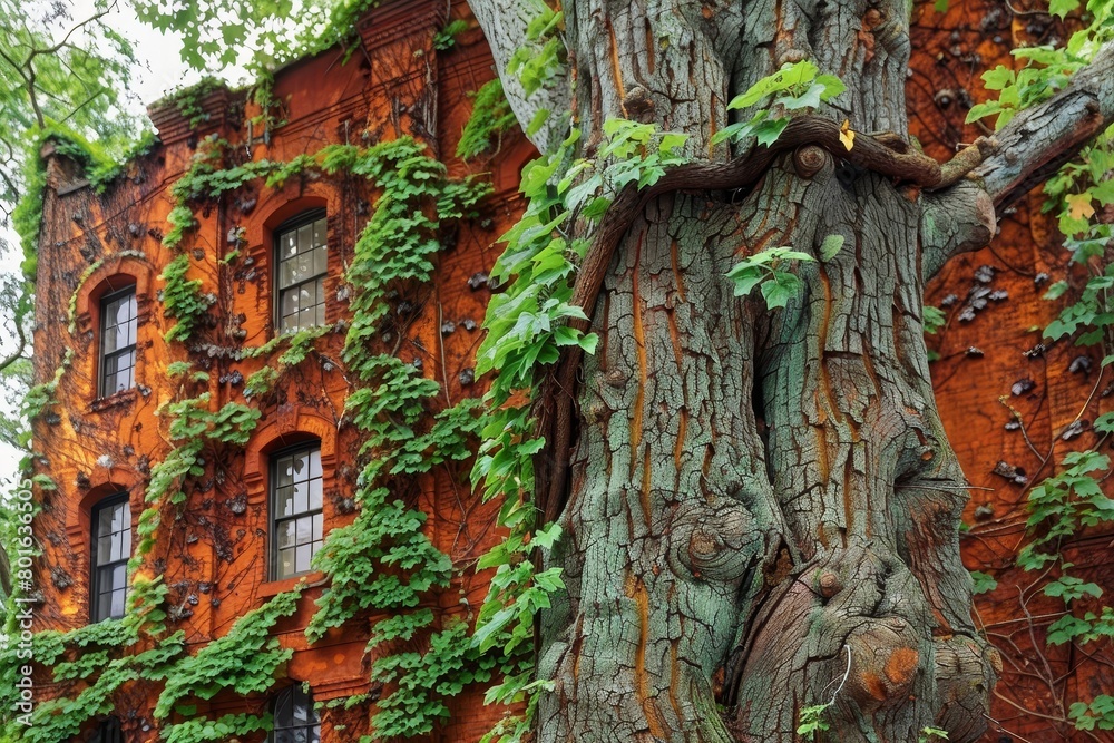 Obraz premium Ivy-covered brick building in lush forest