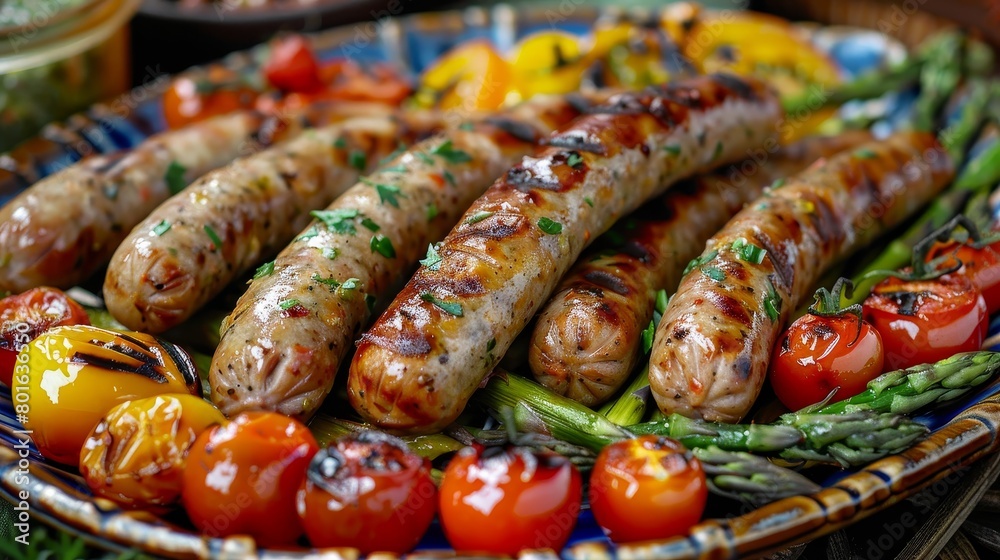 Grilled sausages and vegetables on a colorful plate Grilled sausages and vegetables on a colorful plate