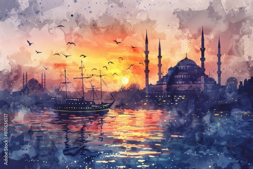 Sunset landscape of Istanbul, Turkey - mosque, bosphorus, watercolor style