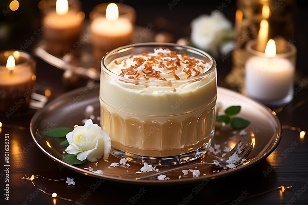 Romantic table setting featuring a dessert in a glass, candles, and a white rose. Romantic table setting featuring a dessert in a glass, candles, and a white rose.