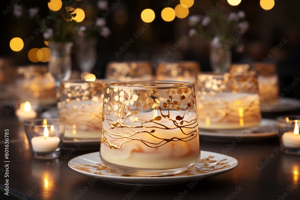 Romantic table setting featuring candles and glasses painted with delicate white leaves.