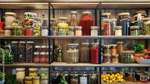 A picturesque view of a well-stocked pantry, with clearly labeled and organized food items, emphasizing the importance of proper food storage on World Food Safety Day.