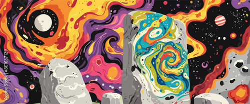 Psychedelic Art - Vibrant Swirl Background with Planetary Motif. Vector Illustration. EPS 10.