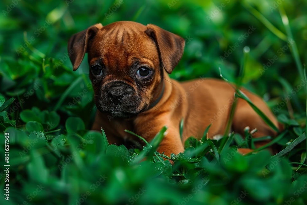 Adorable puppy in lush green foliage