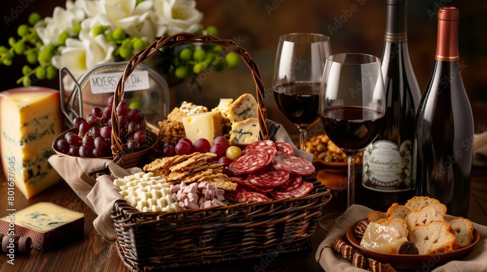 User
Gourmet Gift: A high-end gourmet food basket filled with fine wines, cheeses, and chocolates, styled beautifully User
Gourmet Gift: A high-end gourmet food basket filled with fine wines, cheeses, and chocolates, styled beautifully