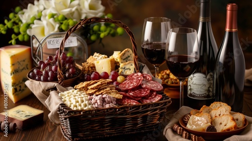 User Gourmet Gift: A high-end gourmet food basket filled with fine wines, cheeses, and chocolates, styled beautifully