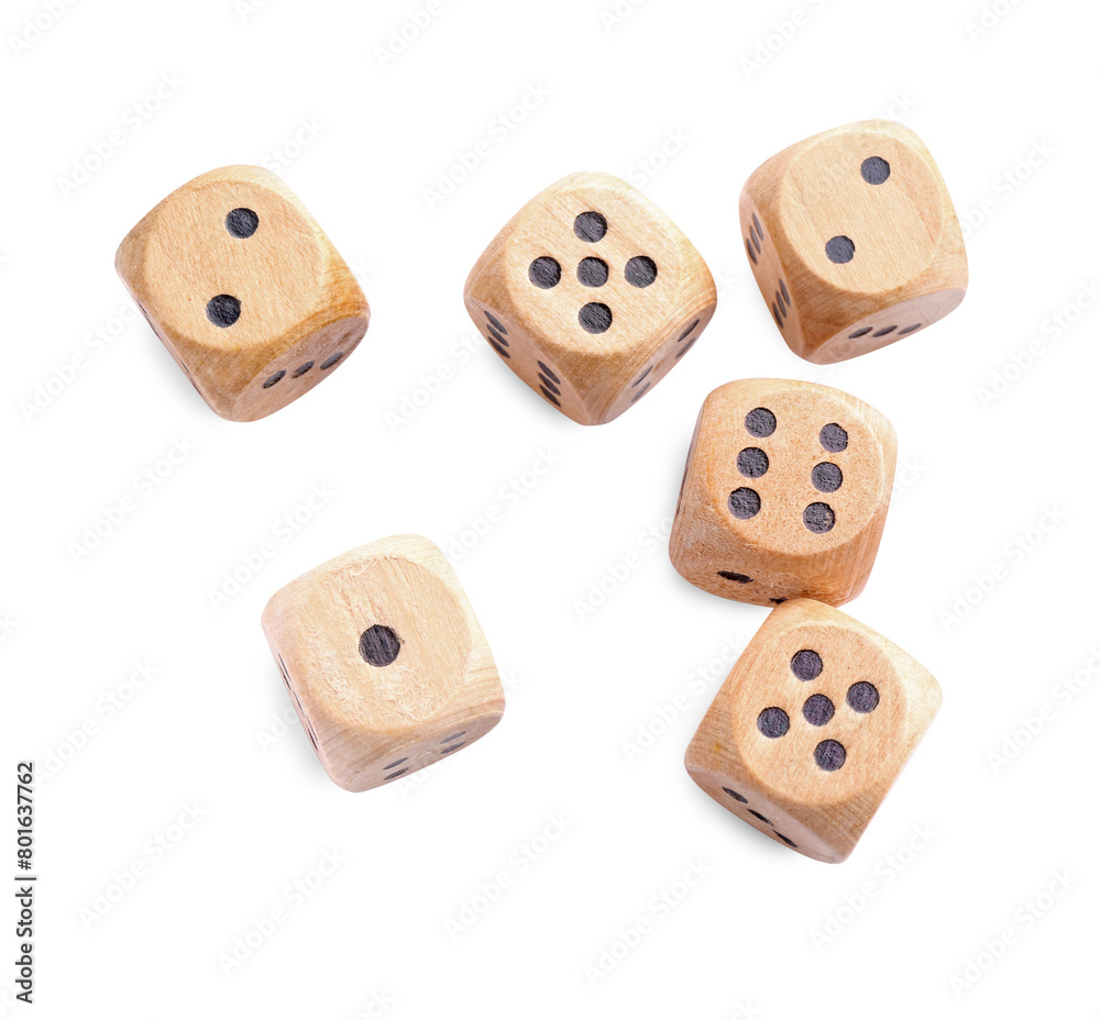 Many wooden game dices isolated on white, above view Many wooden game dices isolated on white, above view