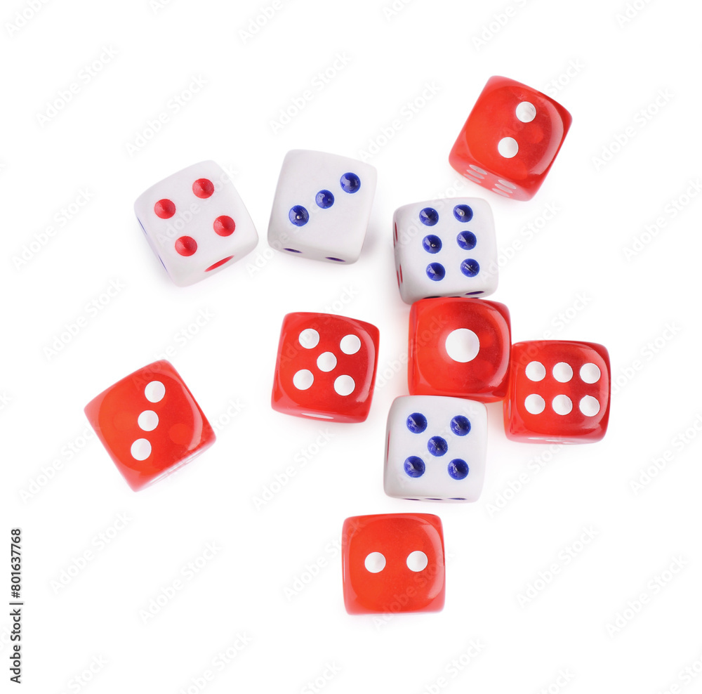 Many color game dices isolated on white, top view Many color game dices isolated on white, top view