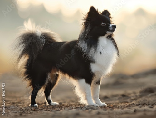 Fluffy black and white dog standing on dirt path