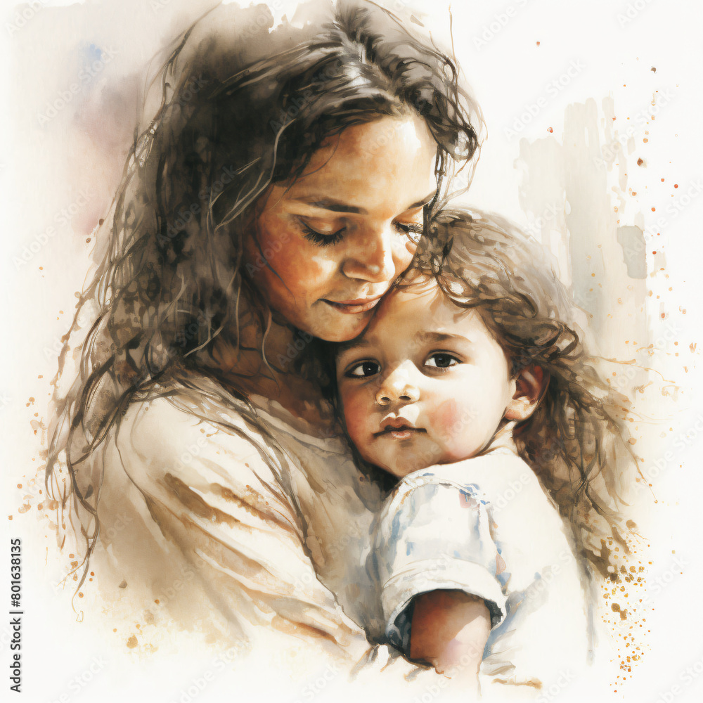 emotional-watercolor-art-of-mother-and-child-embrace-family-love-and
