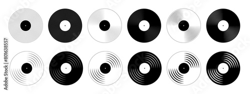 Set of vinyl disc icons. Turntable LP record disks isolated on white background. DJ equipment. 70s 80s 90s discotheque nostalgia symbols. Techno music pictograms. Vector graphic illustration.